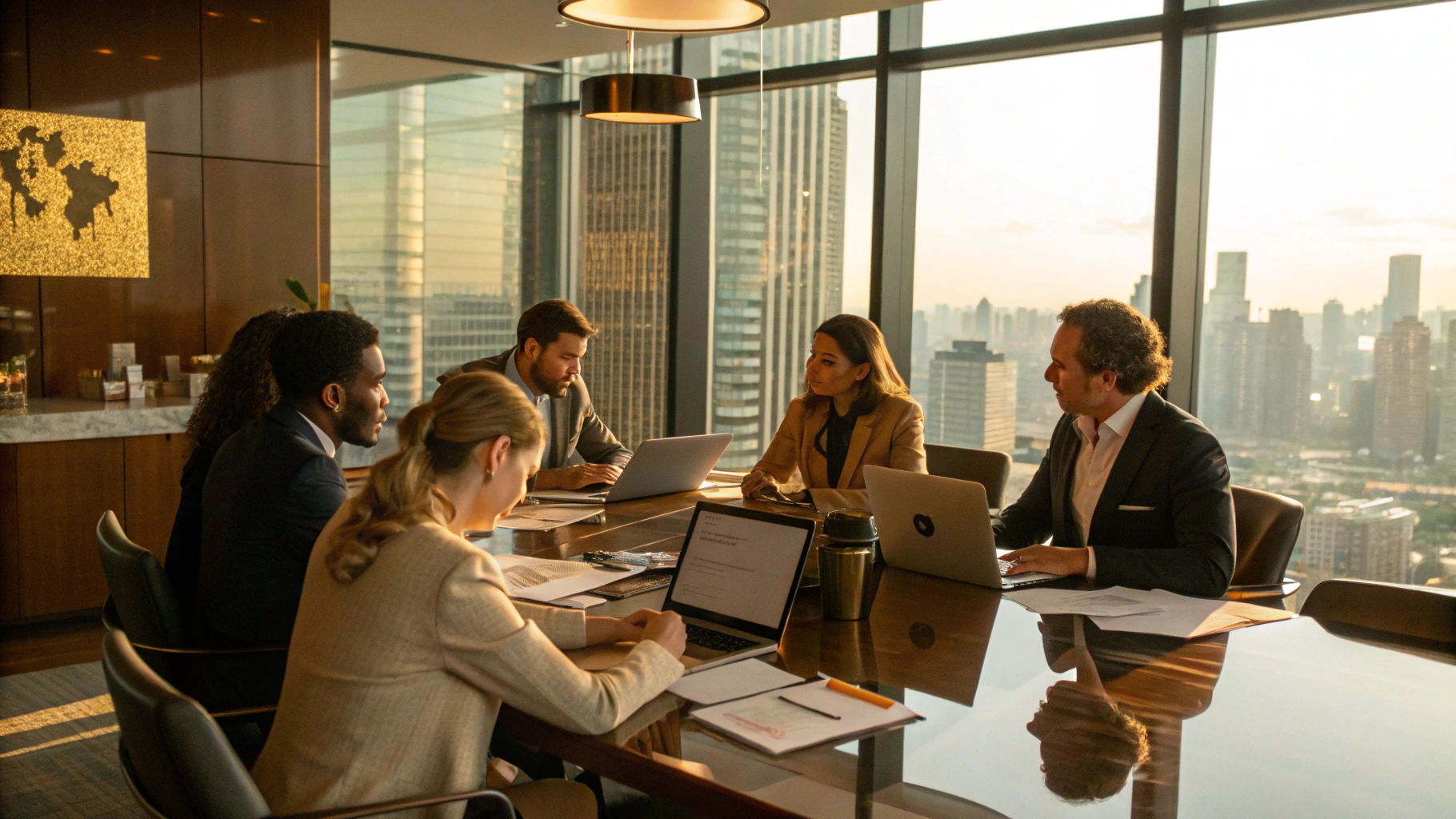 Corporate strategy team reviewing business valuation metrics on modern display screens