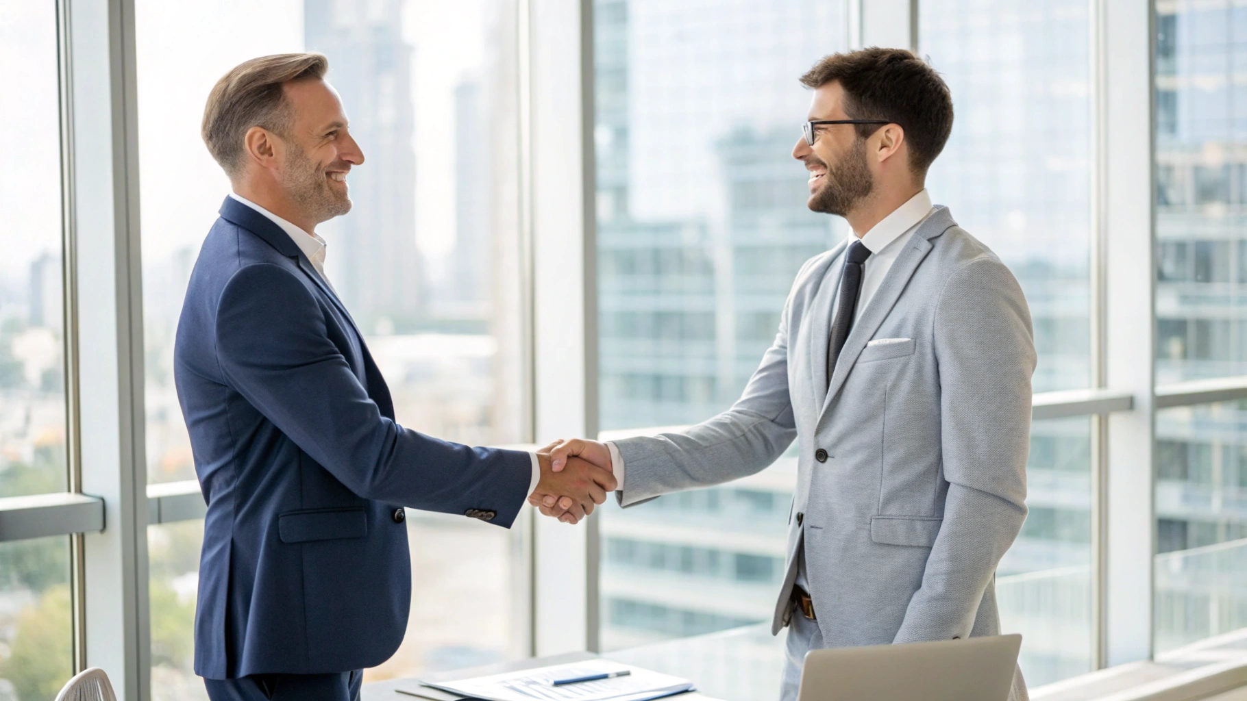 Corporate advisory executives completing a strategic partnership agreement with a handshake