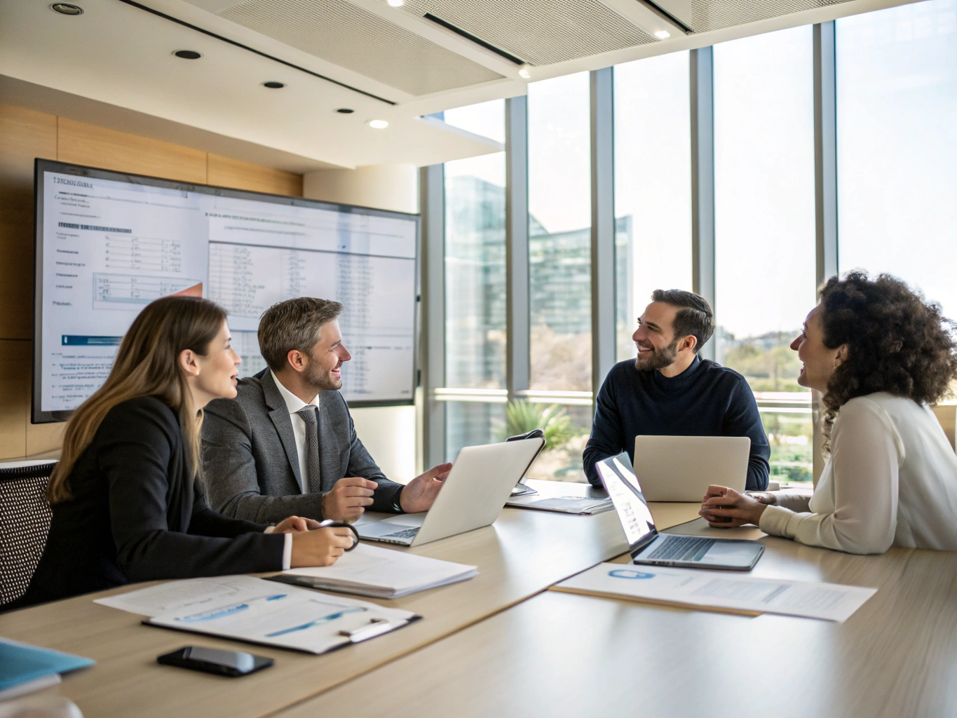 M&A advisors reviewing financial modeling and acquisition debt structuring