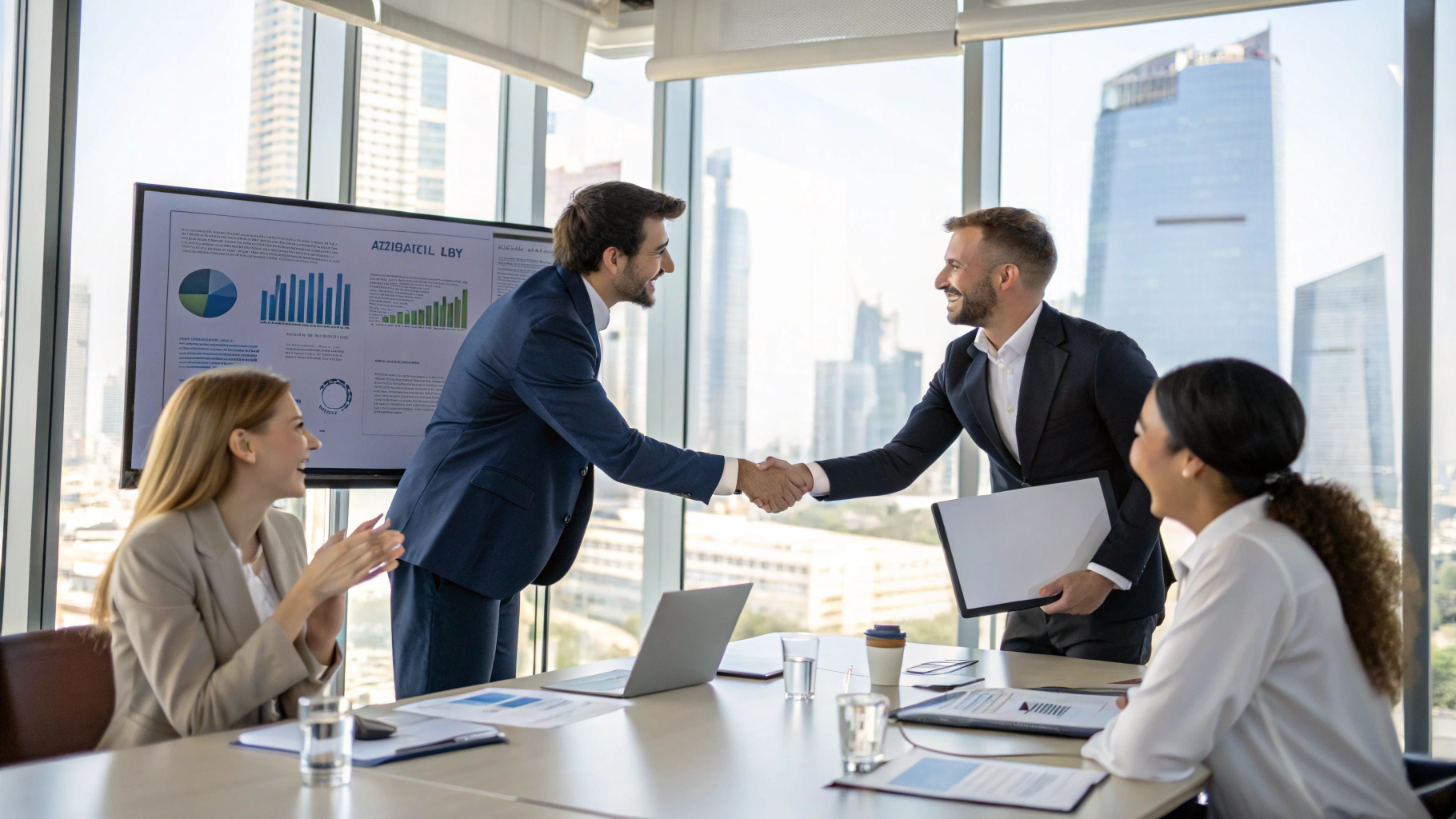 Executive joint venture business handshake representing financial partnership