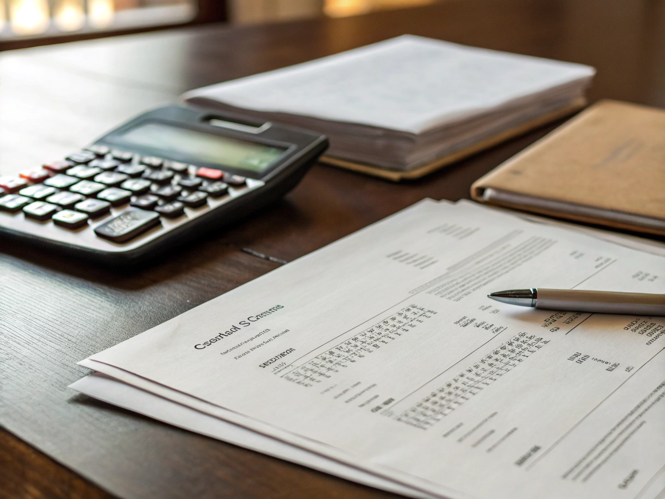 Close-up of merchant cash advance funding agreements, calculator, and financial statements
