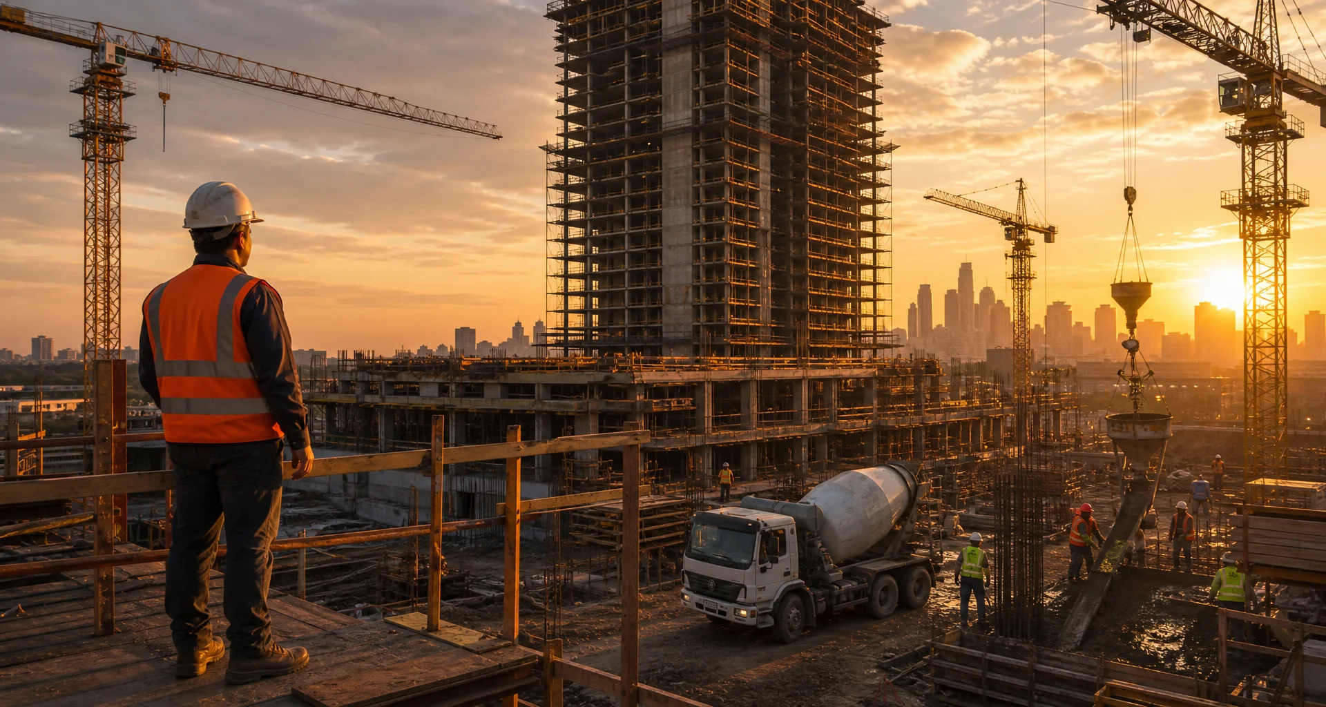 Modern property development construction site under a city skyline